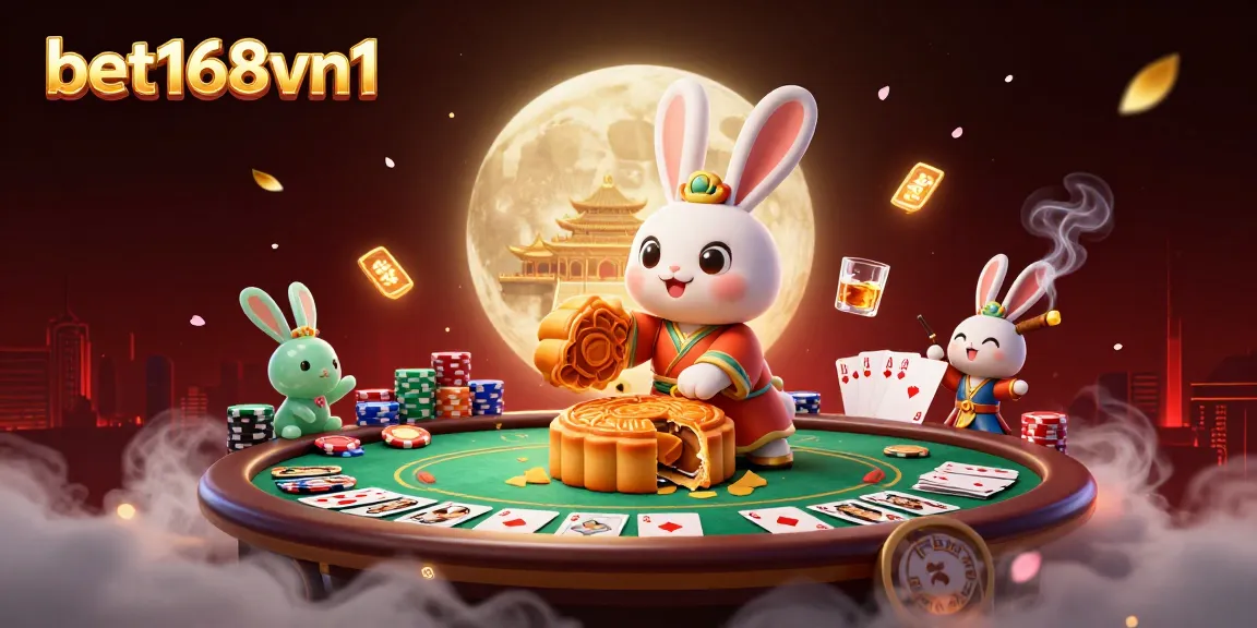 Play poker at bet168vn1 with a cartoon moon rabbit and vibrant gambling elements.