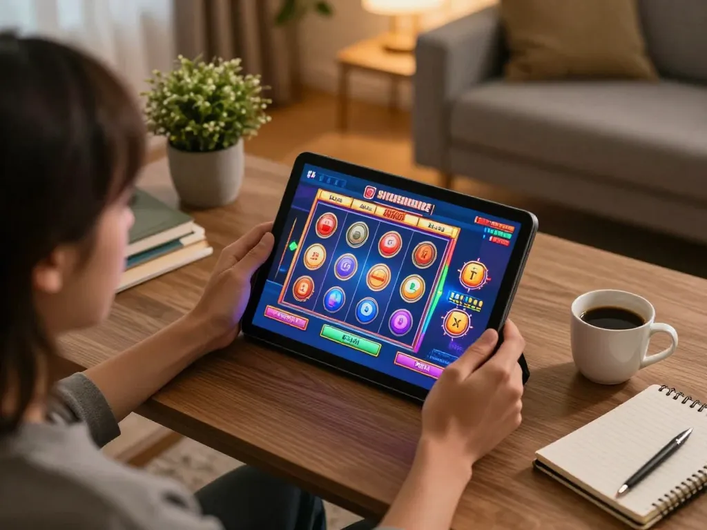 Engaging gameplay on a situs slot tablet in a cozy home setting promoting responsible gambling.