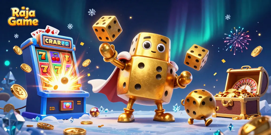 Raja Game interactive illustration showcasing golden dice, a slot machine, and vibrant casino elements.