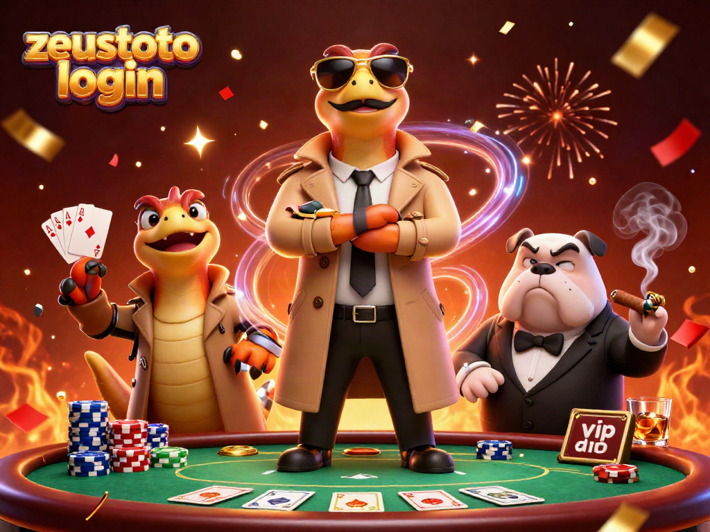 Experience zeustoto login with playful raptors sneaking into a VIP casino scene, vibrant colors and details.