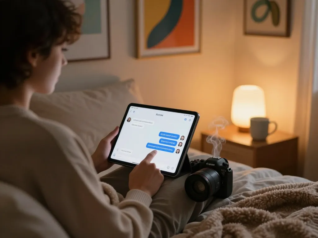 Engaging in an ai chat nsfw on a tablet in a cozy bedroom setting.