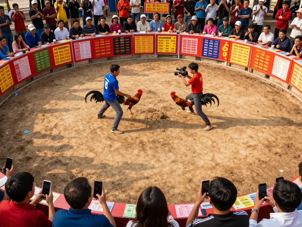 Engaging đá gà MM99 match with spectators, vibrant outdoor arena atmosphere.
