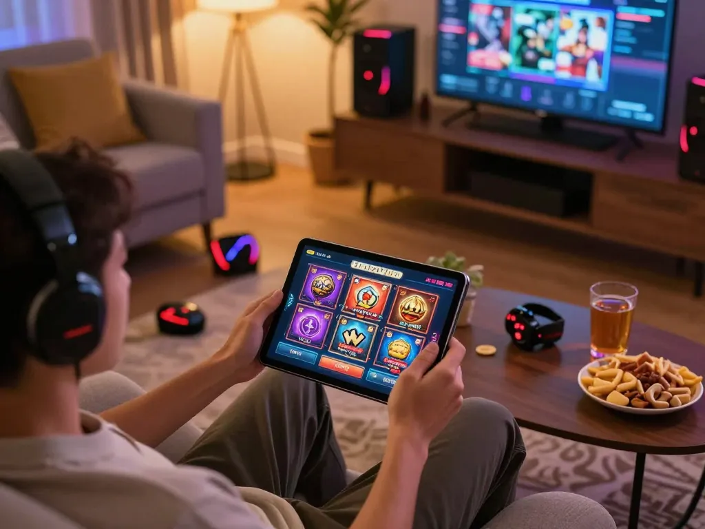 Engaging in slot gacor on a tablet in a cozy gaming setup with warm lighting.