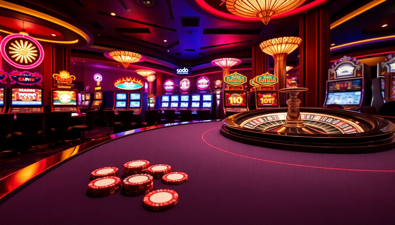 Experience a high-stakes game at SODO66 with vibrant tables, luxurious decor, and engaging gambling elements.