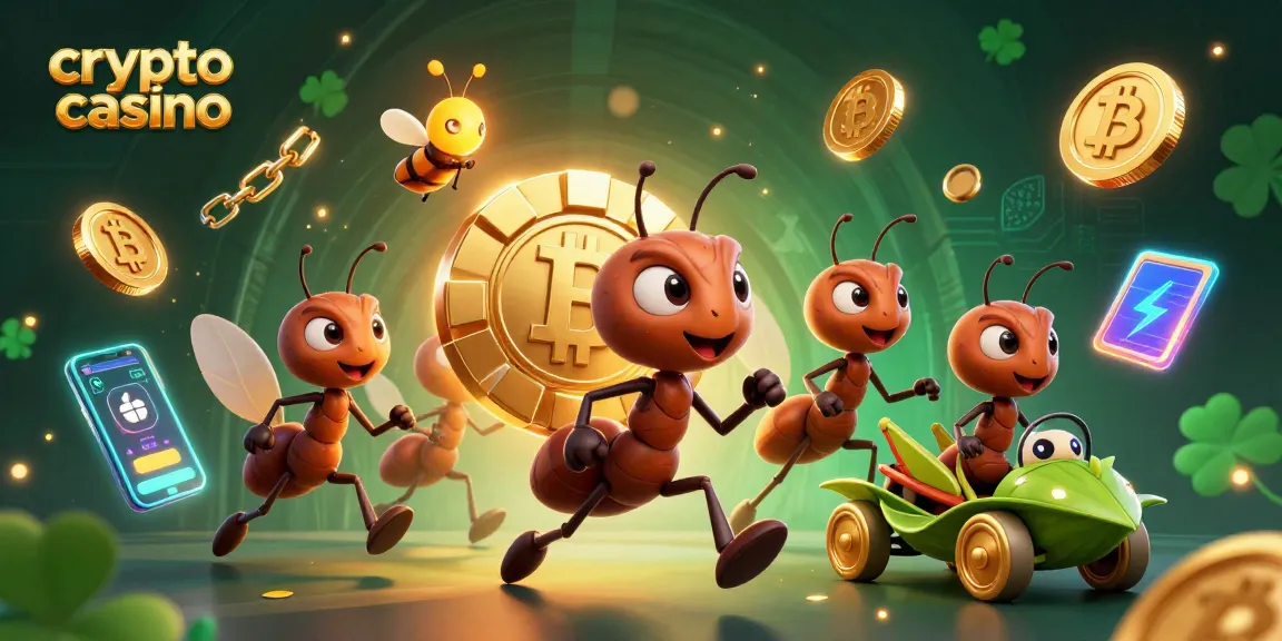 Ants running a heist in a crypto casino landscape with vibrant Bitcoin and Ethereum visuals.