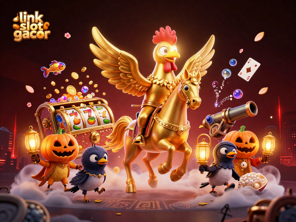 Experience thrilling action with link slot gacor as golden rooster rides through a luxurious casino.