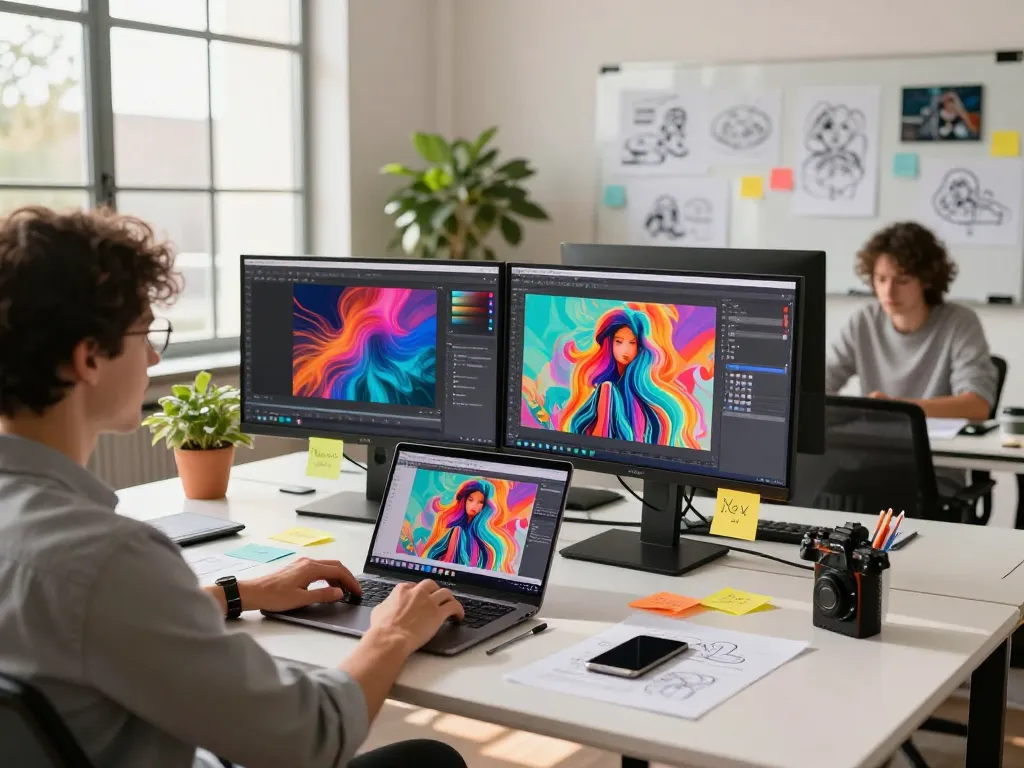 Creative workspace showcasing a designer using the Nano Banana 2 image editor on a laptop surrounded by vibrant AI-generated artwork.