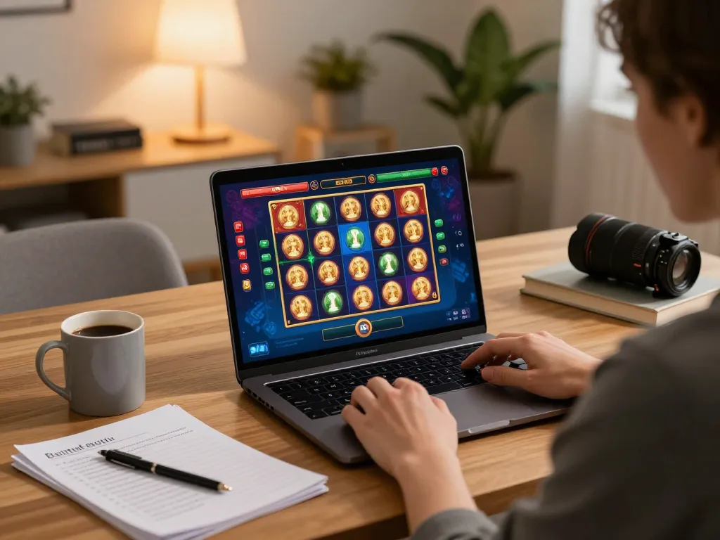 Player engaged with online slots on laptop during gaming session, showcasing 98win's strategic approach to fun.