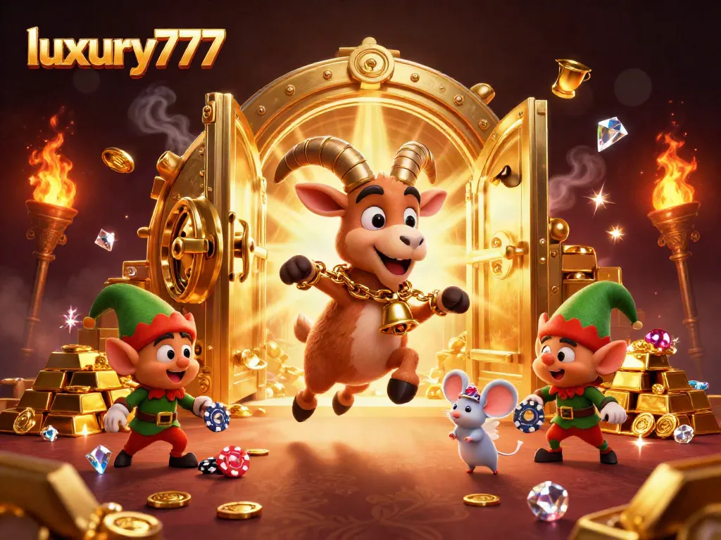 Experience luxury777 gaming with a festive Krampus amidst a chaotic casino scene full of treasures.