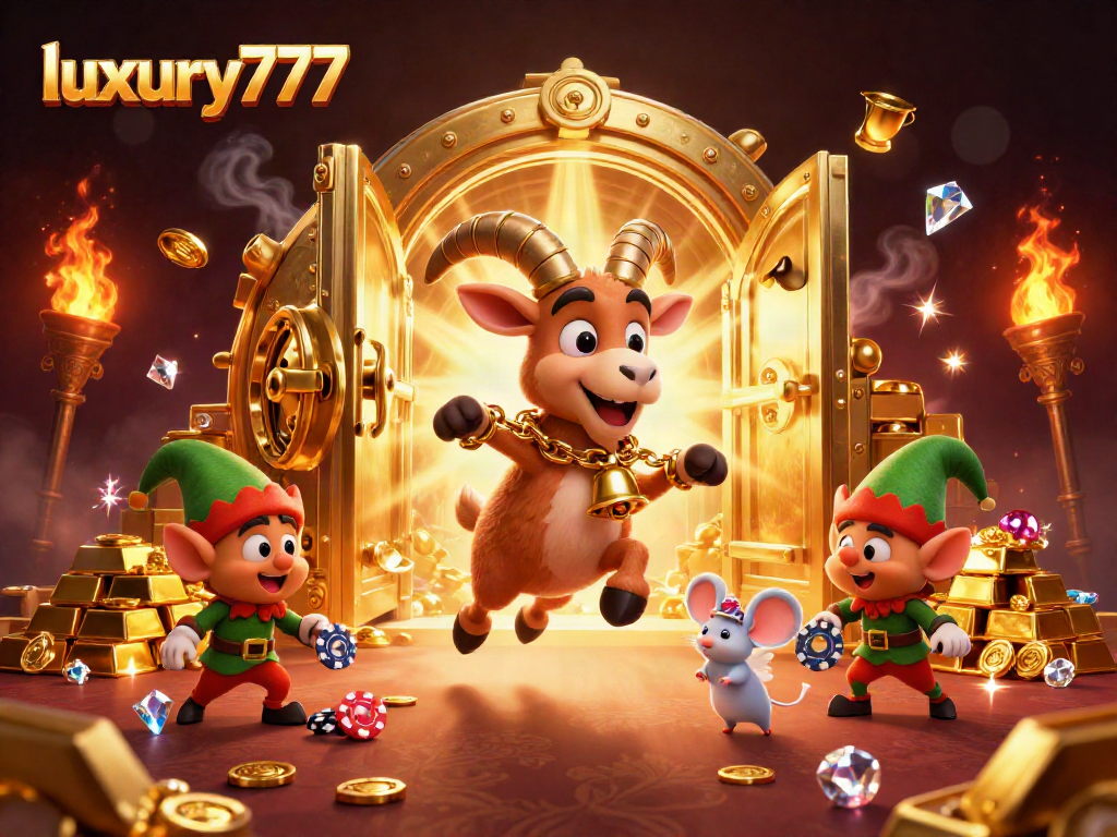 Experience luxury777 gaming with a festive Krampus amidst a chaotic casino scene full of treasures.