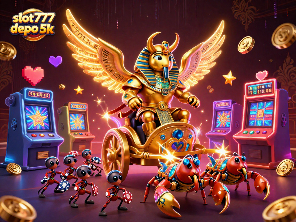 Engage in thrilling gameplay at slot777 depo 5k with colorful slot machines and 3D characters.