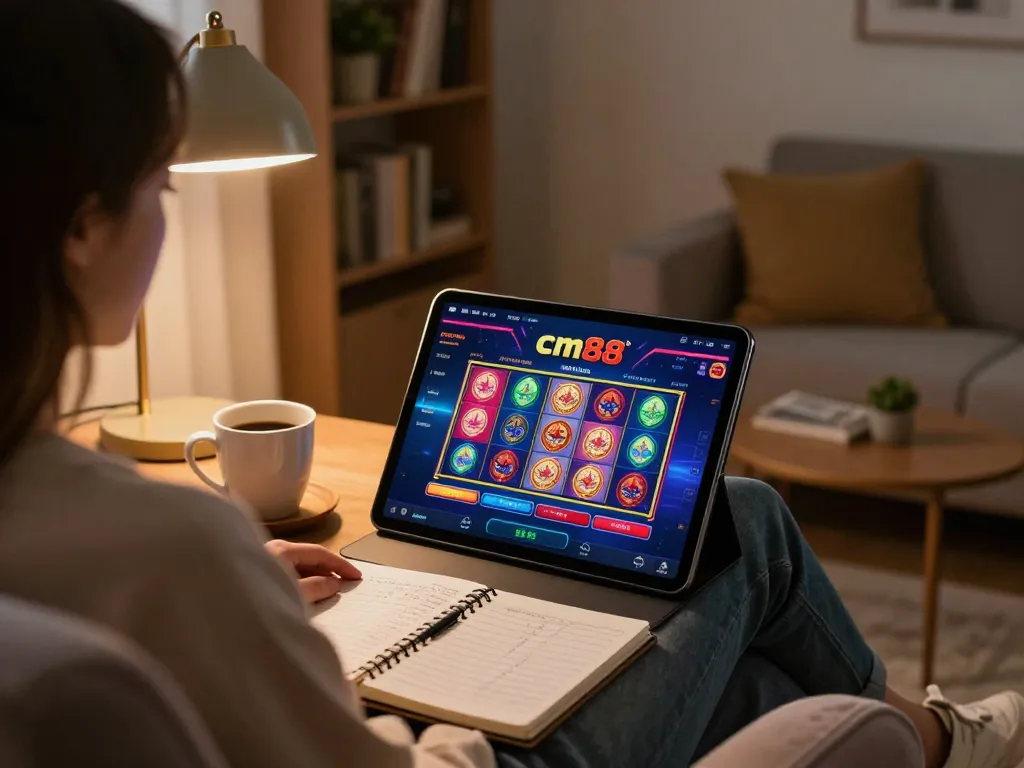 Engaging with nhà cái cm88 on a tablet in a cozy home setting, providing responsible gaming experience.