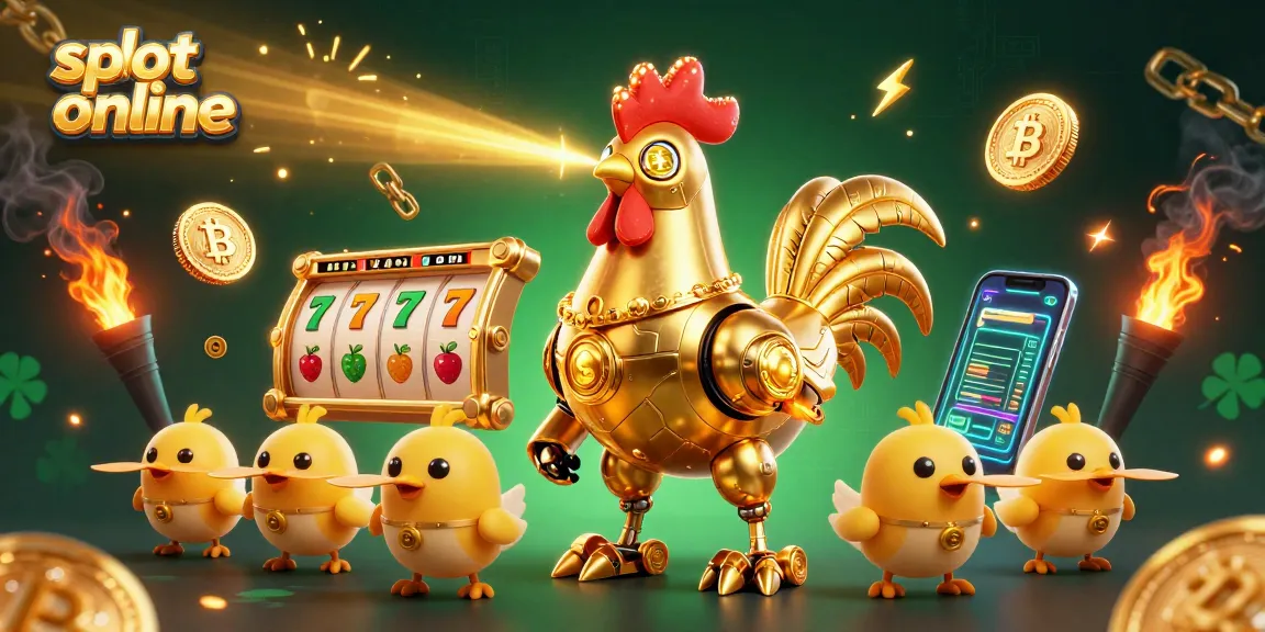 Experience exciting slot online gameplay with a golden rooster robot and crypto elements in a colorful 3D scene.