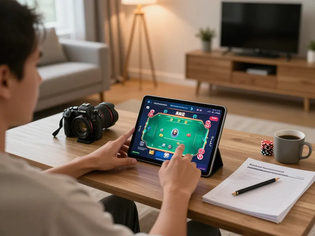 Engaged player using tablet for online casinos not on gamstop in a cozy modern home.