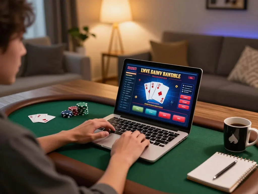 Nha cai uy tin in action with vibrant online setup, person engaged in responsible gambling at home.