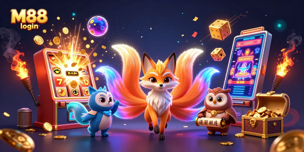 Experience the excitement of M88 login with vibrant colors and casino game elements in a dynamic digital illustration.