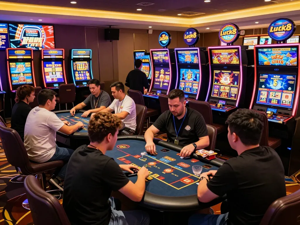 Exciting Luck8 online gambling scene showcasing diverse players at live dealer tables and vibrant games.