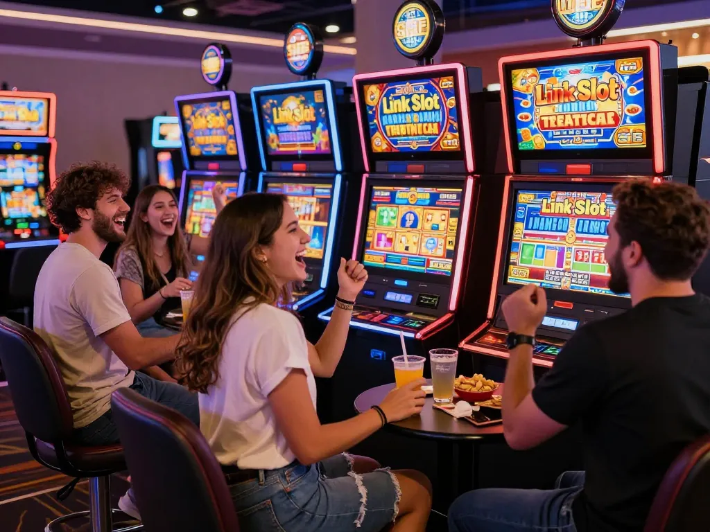 Players celebrating wins at a lively link slot gaming area in a casino.