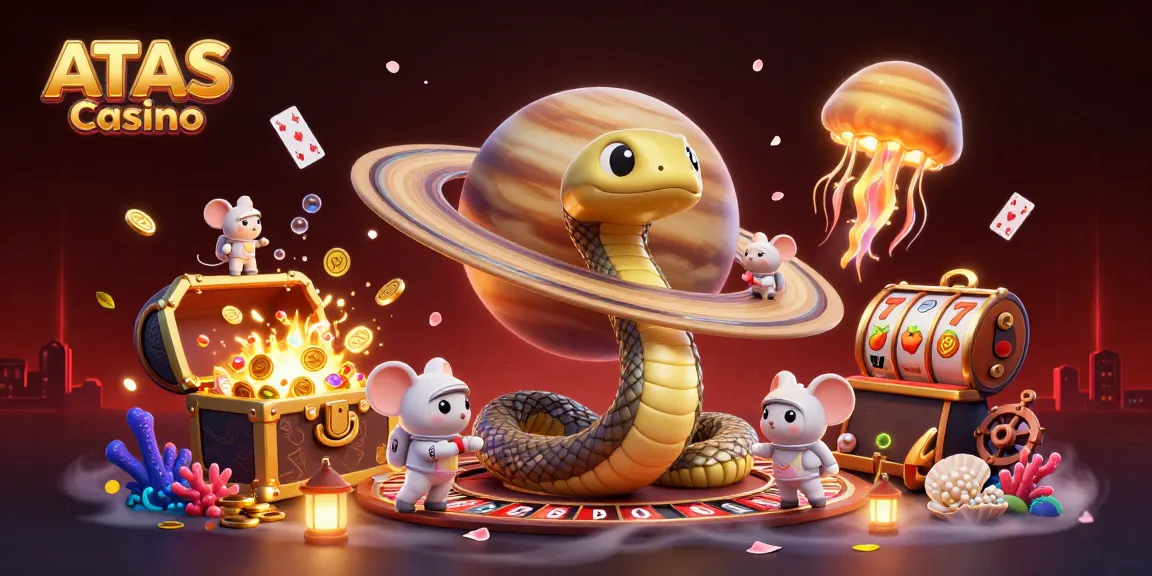Bet and win at ATAS Casino, featuring a playful scene with cartoon characters and vibrant casino elements.