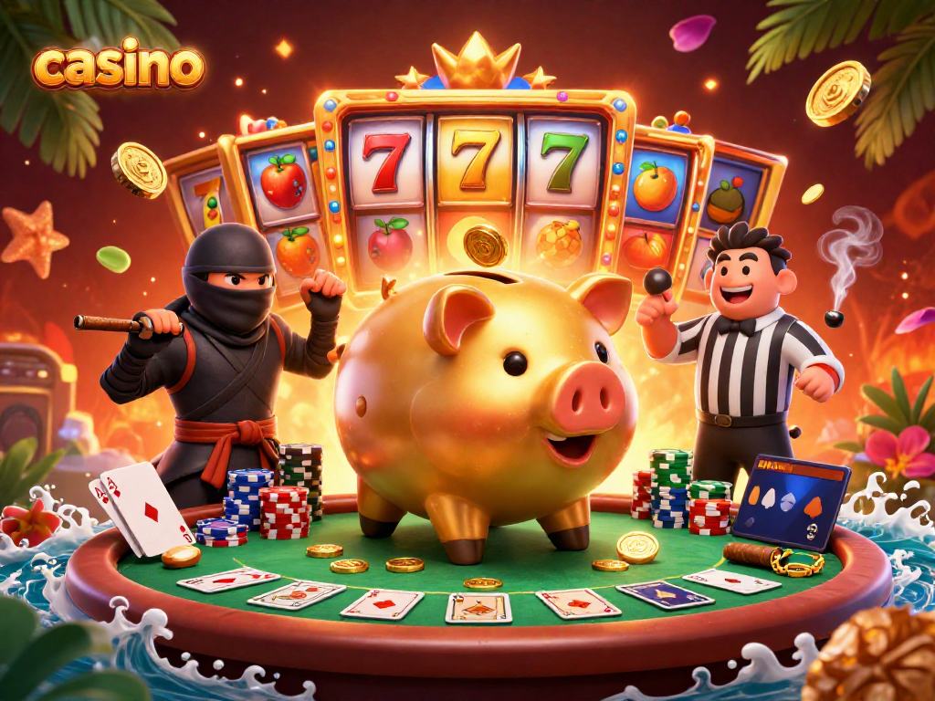 Engaging 3D casino scene with lucky symbols, golden piggy bank, and exciting action elements.