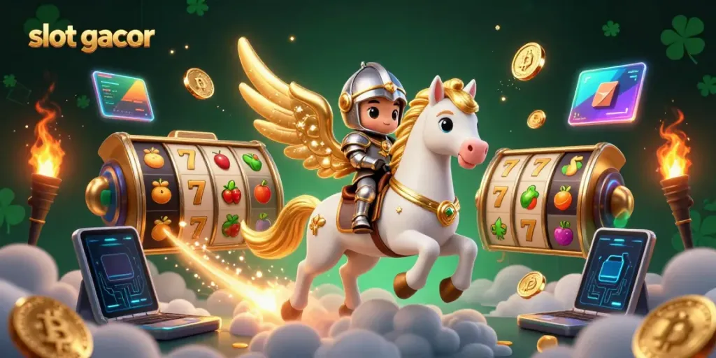Menangkan jackpot dengan slot gacor melalui gambar ceria kuda putih bercahaya di awan.