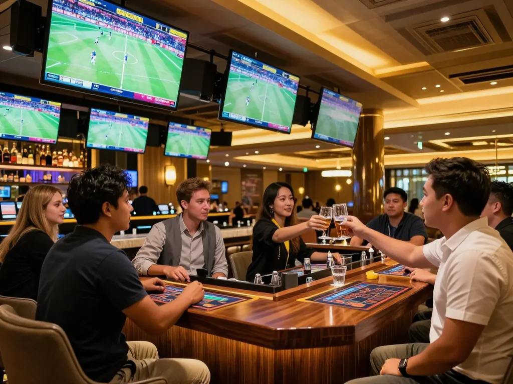 FIVE88 bettors placing wagers in a vibrant sports betting lounge with live screens.