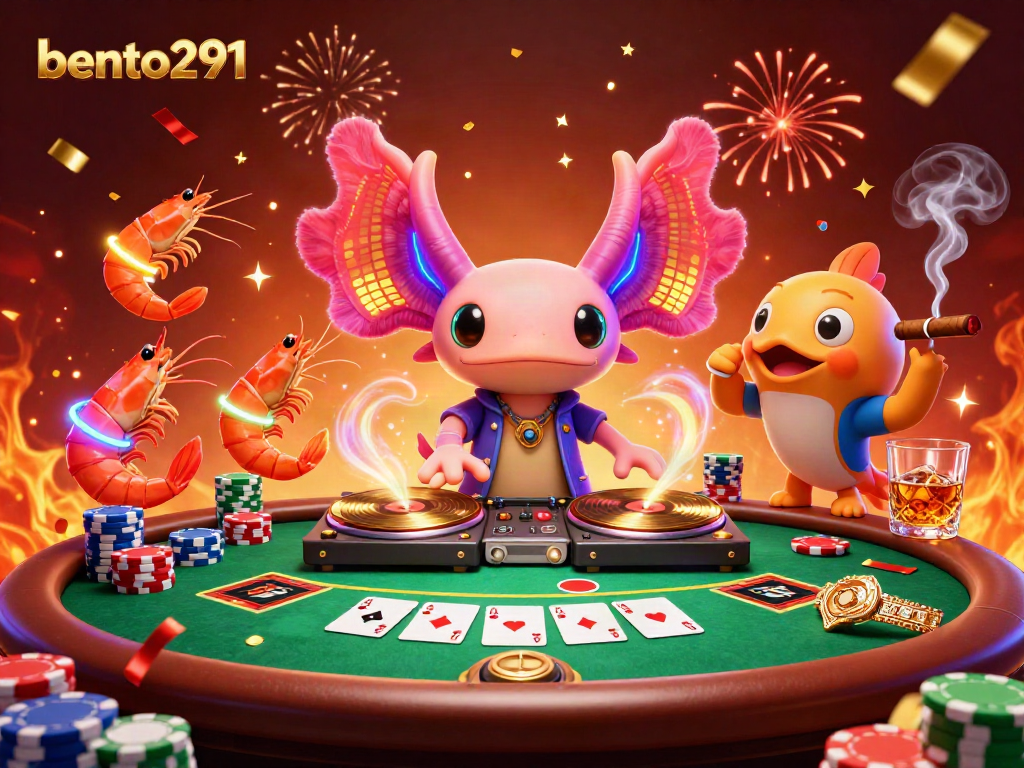 Experience bento291's vibrant casino atmosphere with a neon axolotl DJ spinning during a poker game.