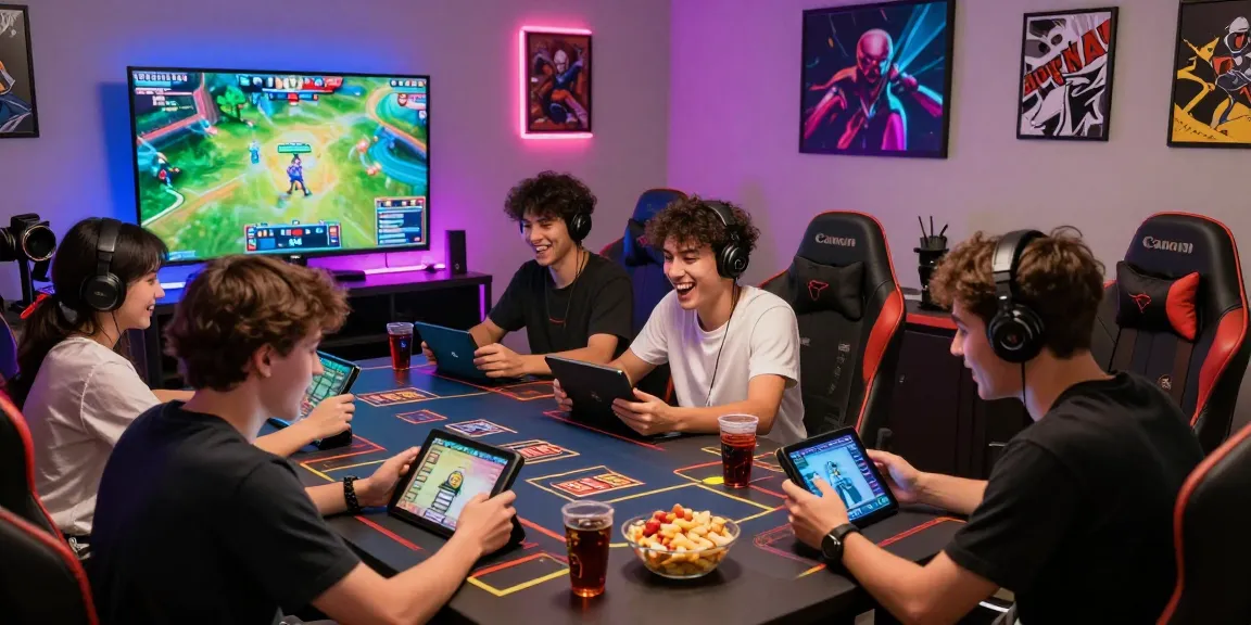 Dynamic gaming room where friends enjoy gamebaidoithuong is with vibrant atmosphere and advanced tech.