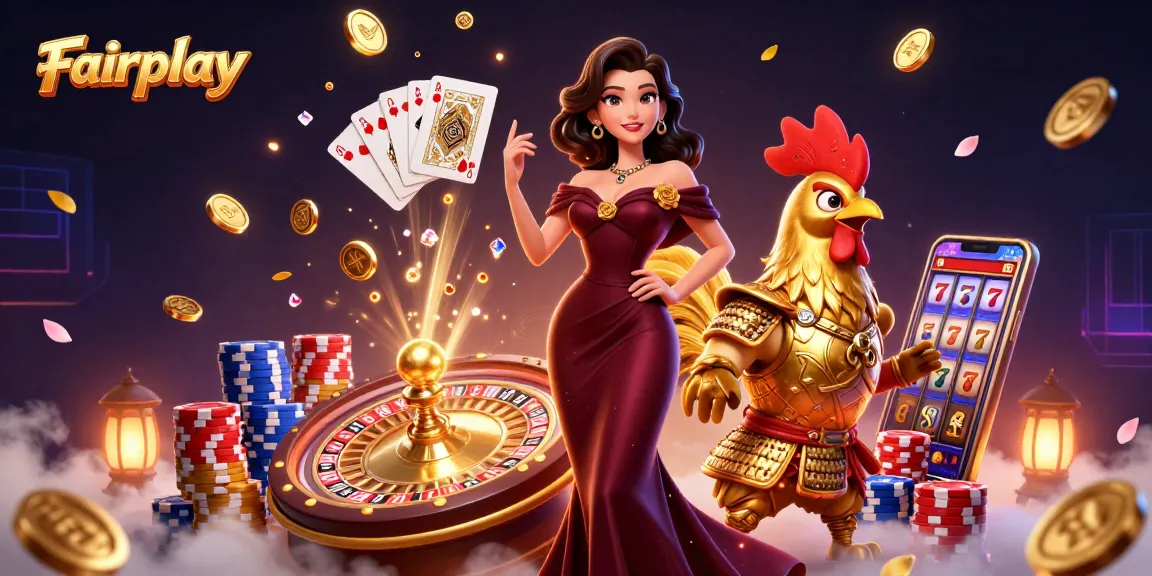 Engage in Fairplay with a vibrant casino scene featuring a glamorous woman and golden rooster warrior.