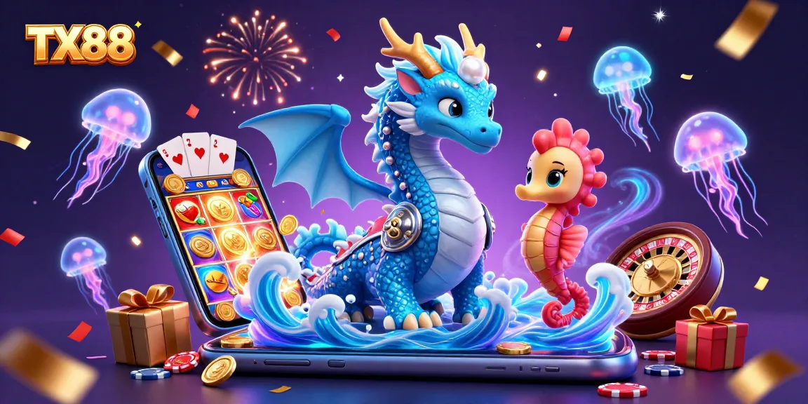 Engage with TX88's thrilling slots experience, featuring a vibrant dragon and knights amidst gaming action.