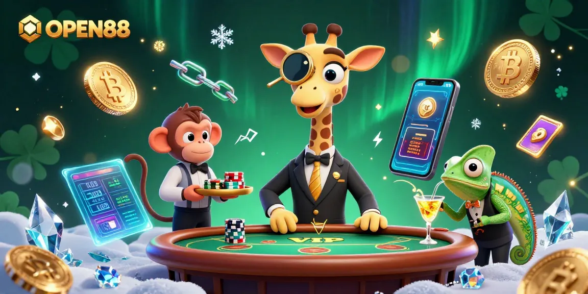 Experience the thrill of OPEN88 casino with an exciting 3D illustration featuring vibrant characters and crypto elements.