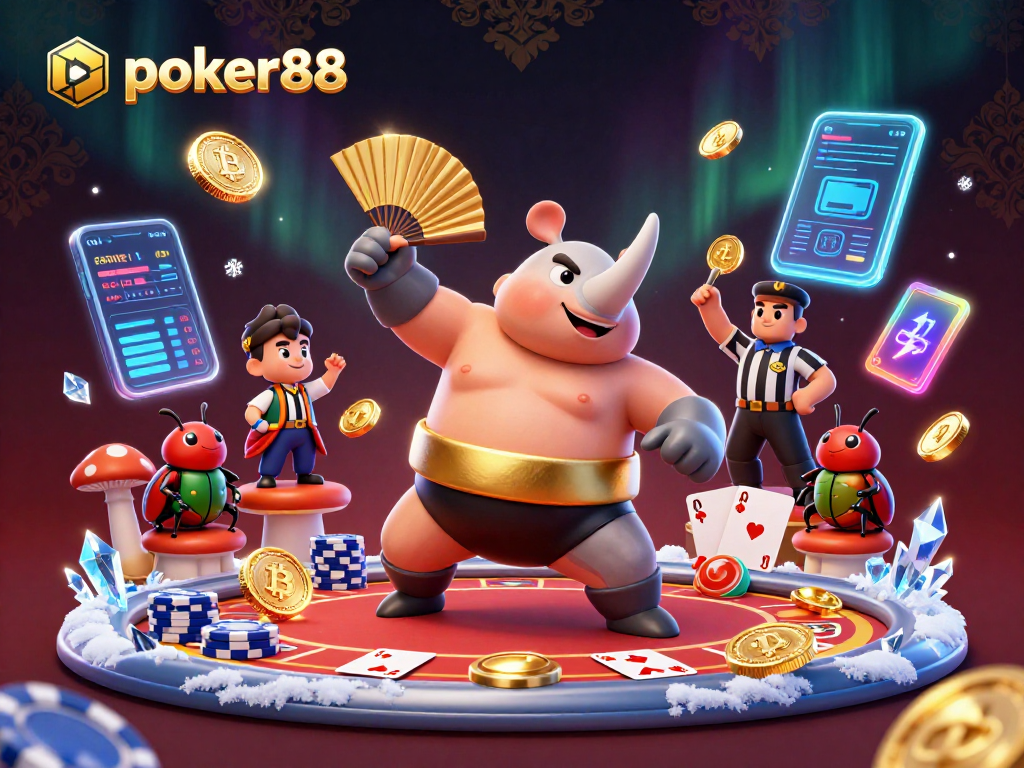 Menghadirkan poker88 dengan juara sumo keledai badak 3D yang kuat dikelilingi elemen permainan kartu dan uang emas.
