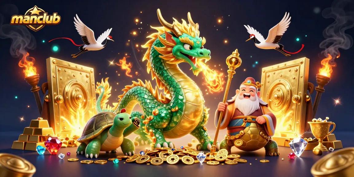 Manclub showcases thrilling gaming adventures with a dynamic 3D casino scene filled with treasures and vibrant characters.