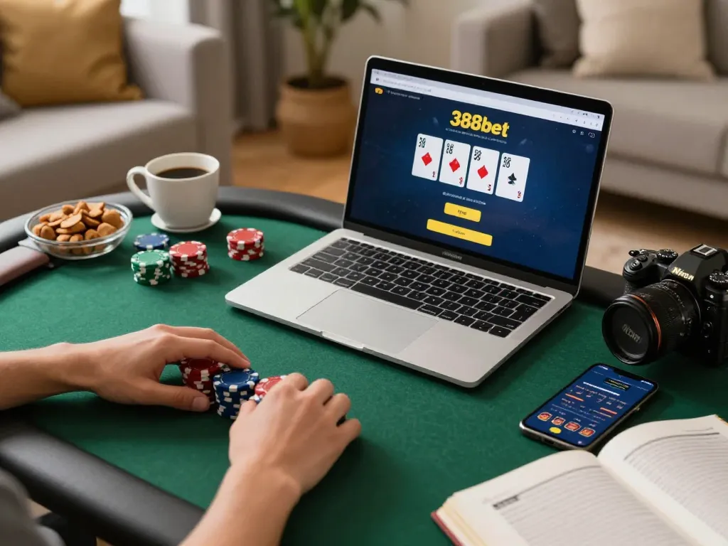 Experience exciting online poker gaming strategies with 388bet interface in a cozy home setting.