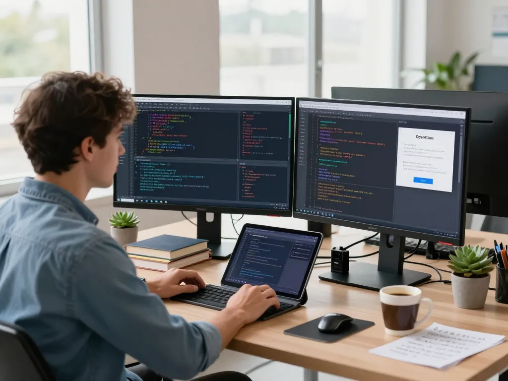 Developer engaging with openclaw AI assistant setup in a modern workspace, showcasing coding screens and tech decor.