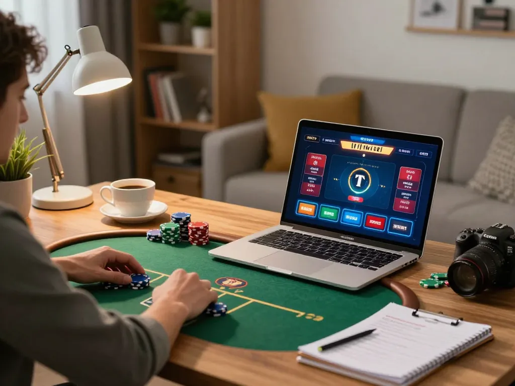 Playing an intense lucky88 poker game online at home with vibrant graphics and strategic notes.