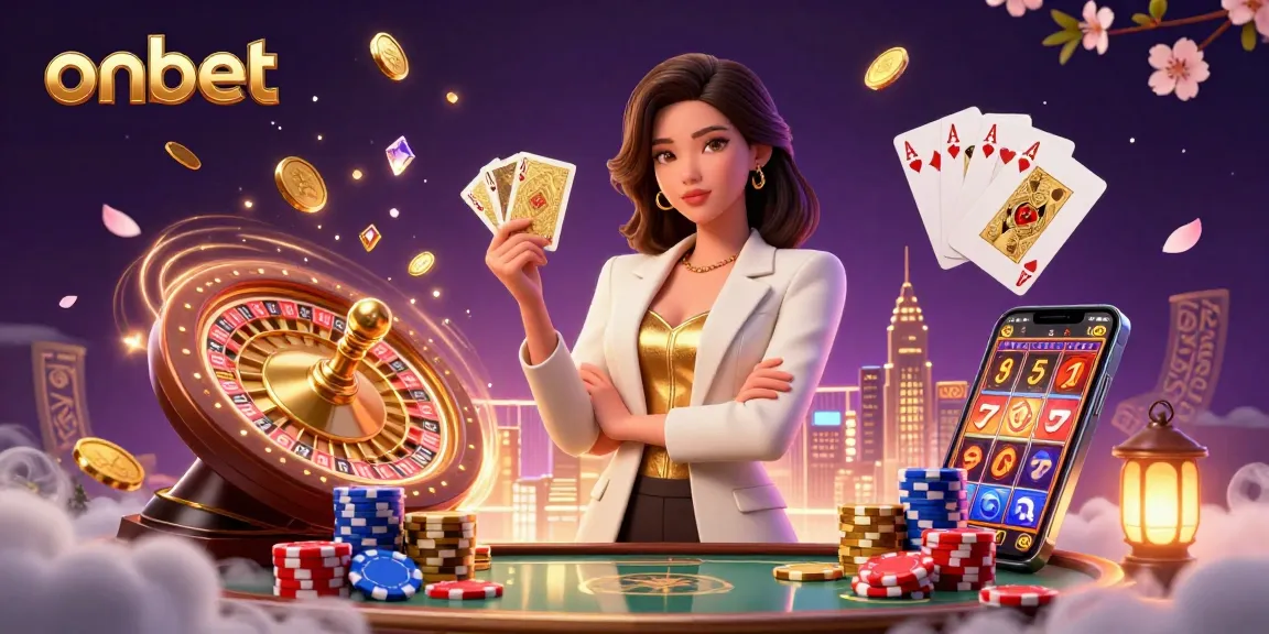 Win big at onbet with an elite Asian casino scene featuring golden playing cards and shimmering chips.