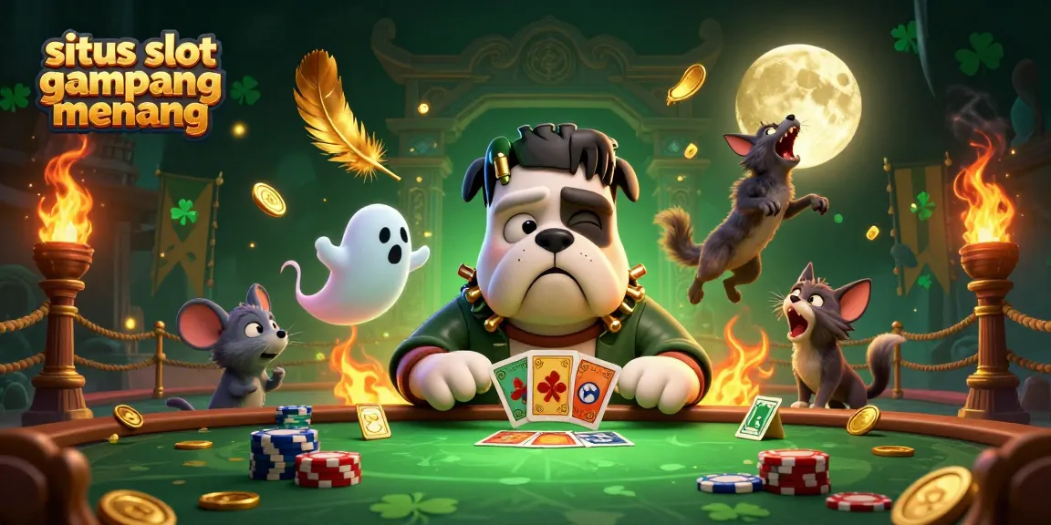 Menghadirkan situs slot gampang menang dengan Frankenstein bulldog yang dealer kartu di meja hijau bertema horor.