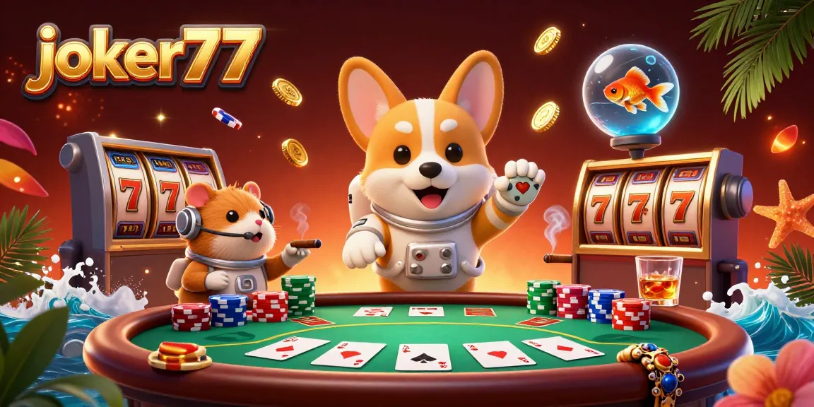 Win big with joker77 in this vibrant space casino scene featuring a playful astronaut corgi.