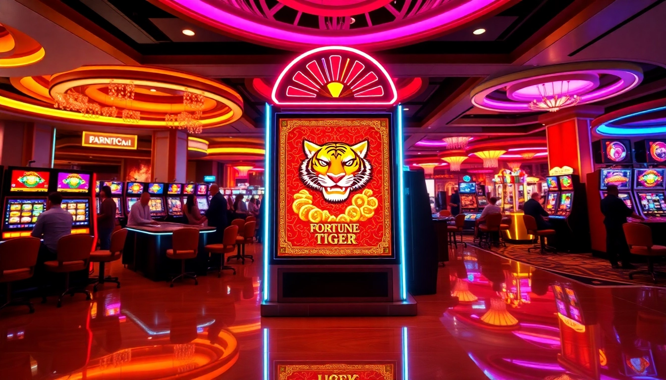 Engaging players enjoying สล็อต Fortune Tiger slot machine in a vibrant casino setting.