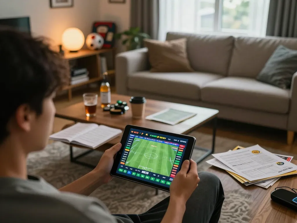 Person placing a live bet on Luongsontv while enjoying a football match at home.
