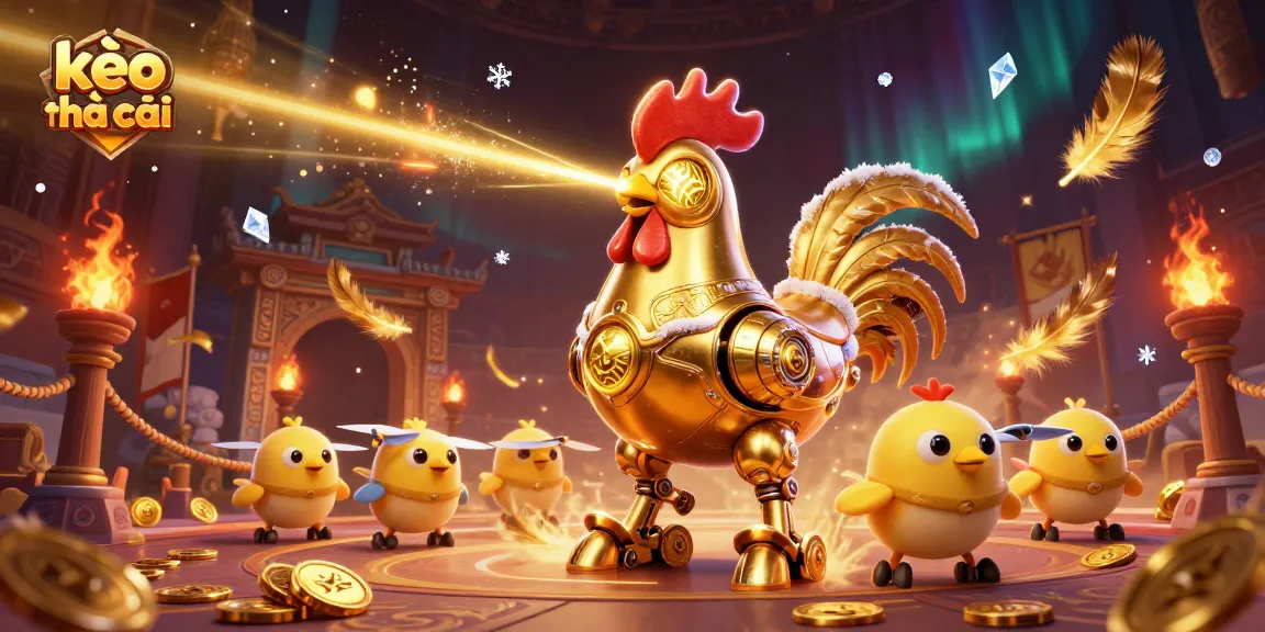 Experience kèo nhà cái excitement with the golden rooster robot shooting laser beams in a dynamic casino scene.