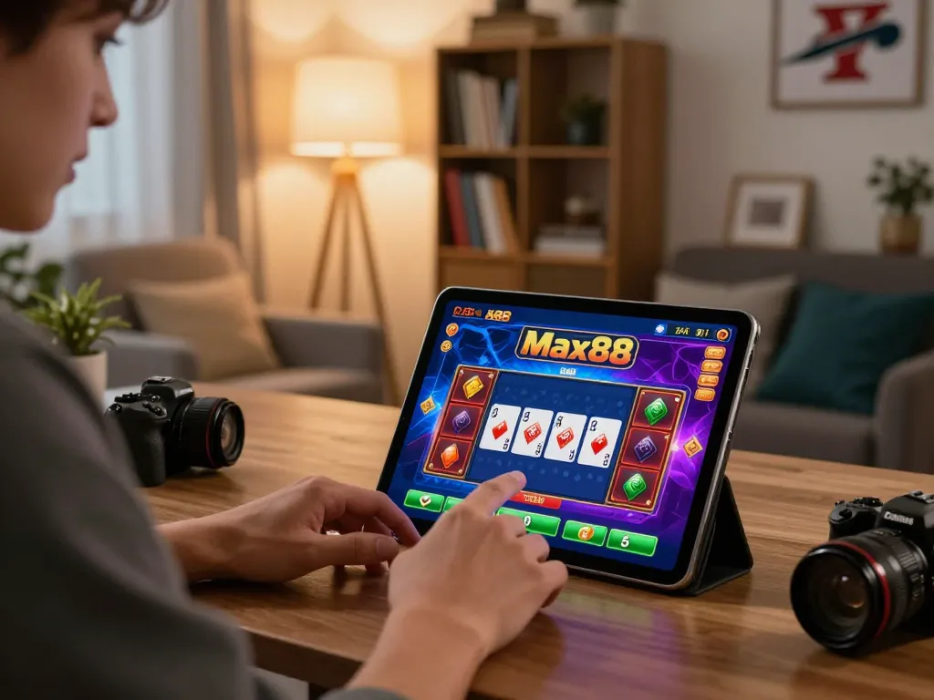 Experience Max88 online gaming setup with user engaging on tablet in stylish home office.