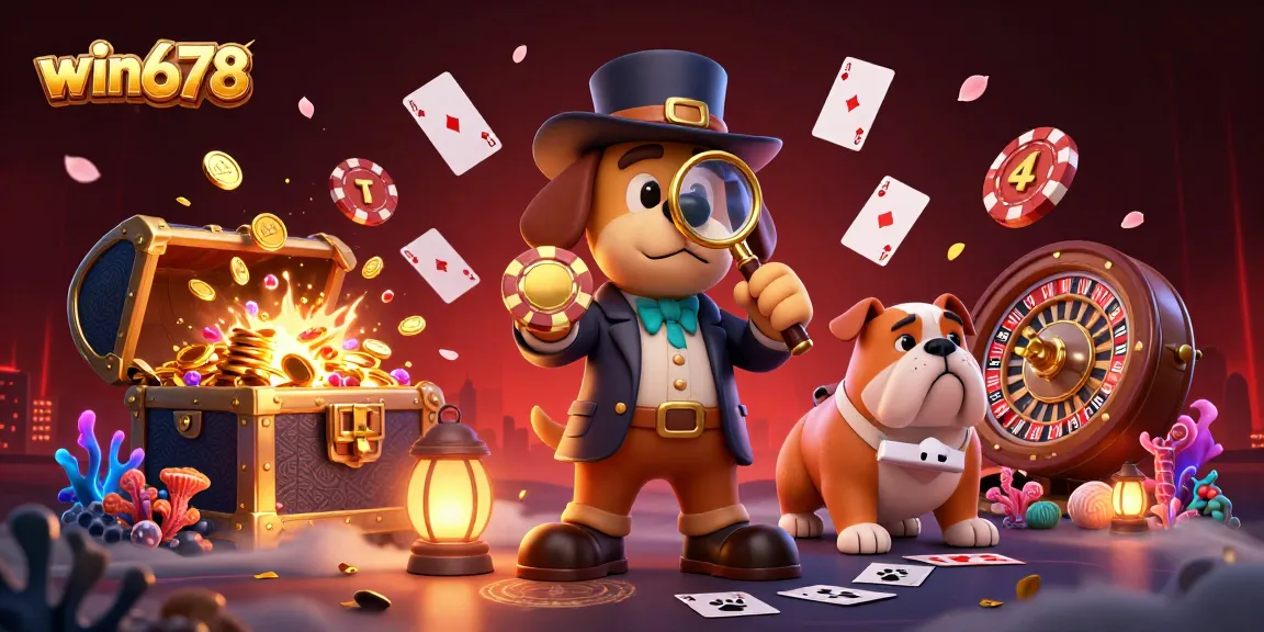 Win678's engaging gaming scene featuring a cartoon detective unraveling treasure clues in a vibrant casino.