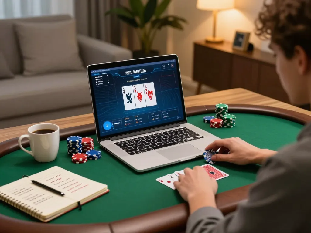 Engaging in poker action on nk88 com in a cozy at-home gaming setup.