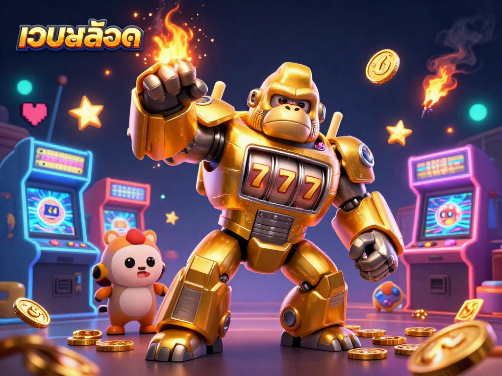 Engage with เว็บสล็อต through a dynamic 3D illustration featuring a golden gorilla mech and arcade elements.