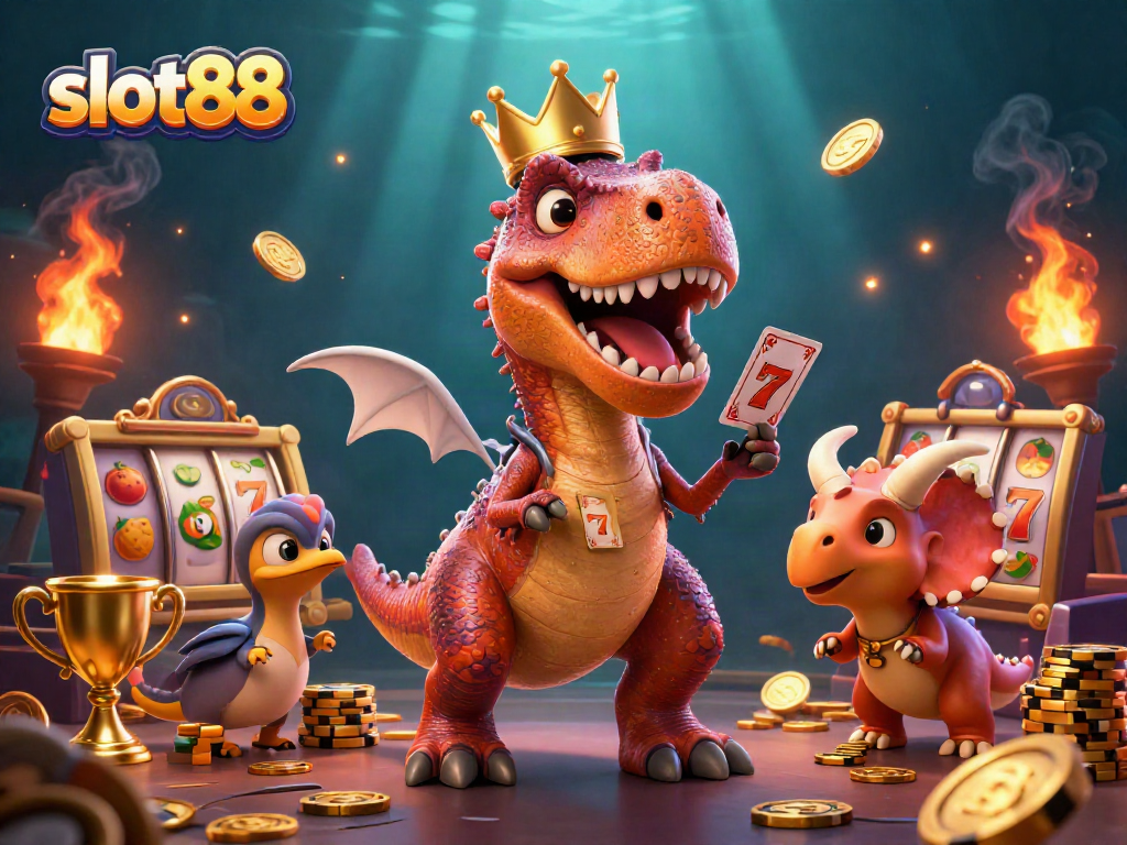 Engage with slot88 as a cartoon T-Rex shuffles cards while a pterodactyl assists and a triceratops stacks chips.