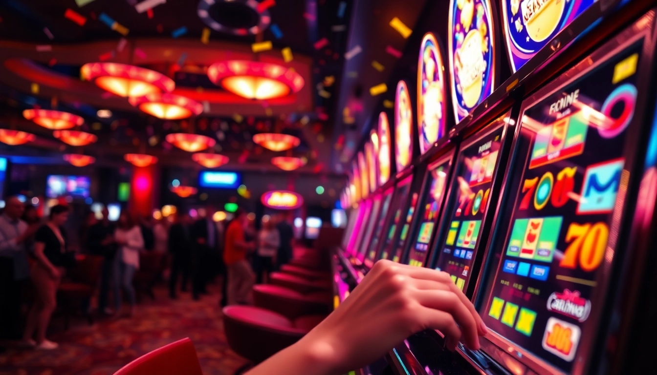 Slot online menunjukkan pemain yang bersemangat menarik tuas mesin slot di kasino.