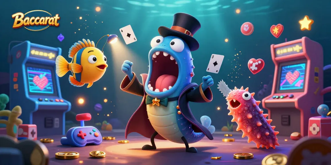 Baccarat scene with a bioluminescent eel magician performing card tricks amid vibrant retro arcade elements