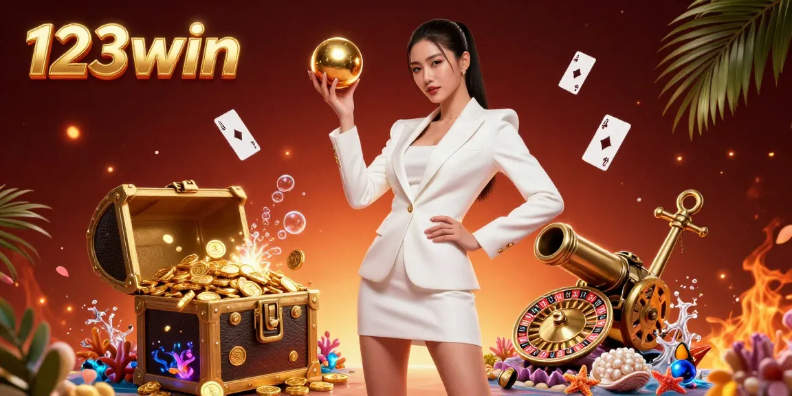Experience the thrill of casino gaming with 123win's dynamic 3D casino illustration showcasing luxury elements.
